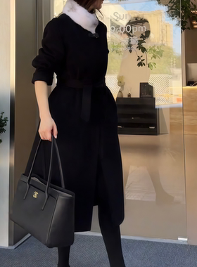 长款黑色毛绒领毛呢大衣外套女