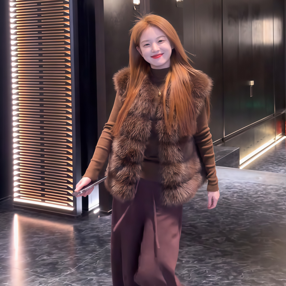 休风闲咖啡色毛毛坎肩马甲保暖女