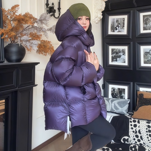 2025年冬季新款韩系休闲风时髦女神范简约款紫色连帽羽绒服外套女