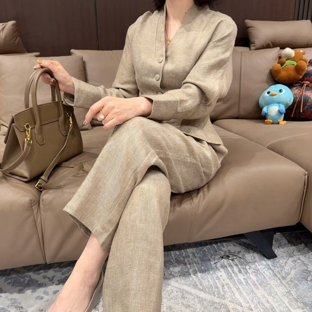 2026春夏新款高级感轻奢中式风金丝麻显瘦通勤套装OL时尚显瘦套装