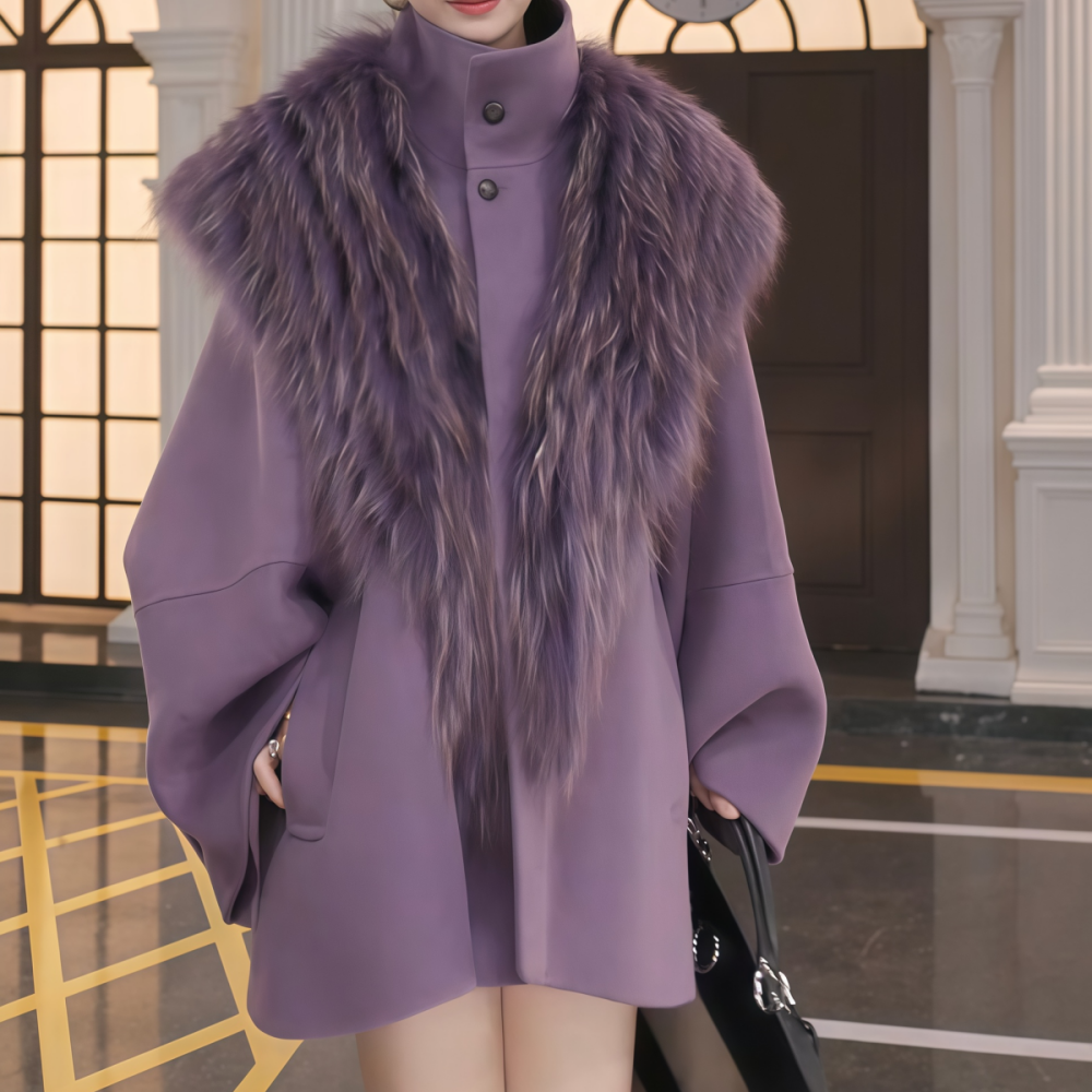 保暖设计宽松大毛领毛呢大衣外套