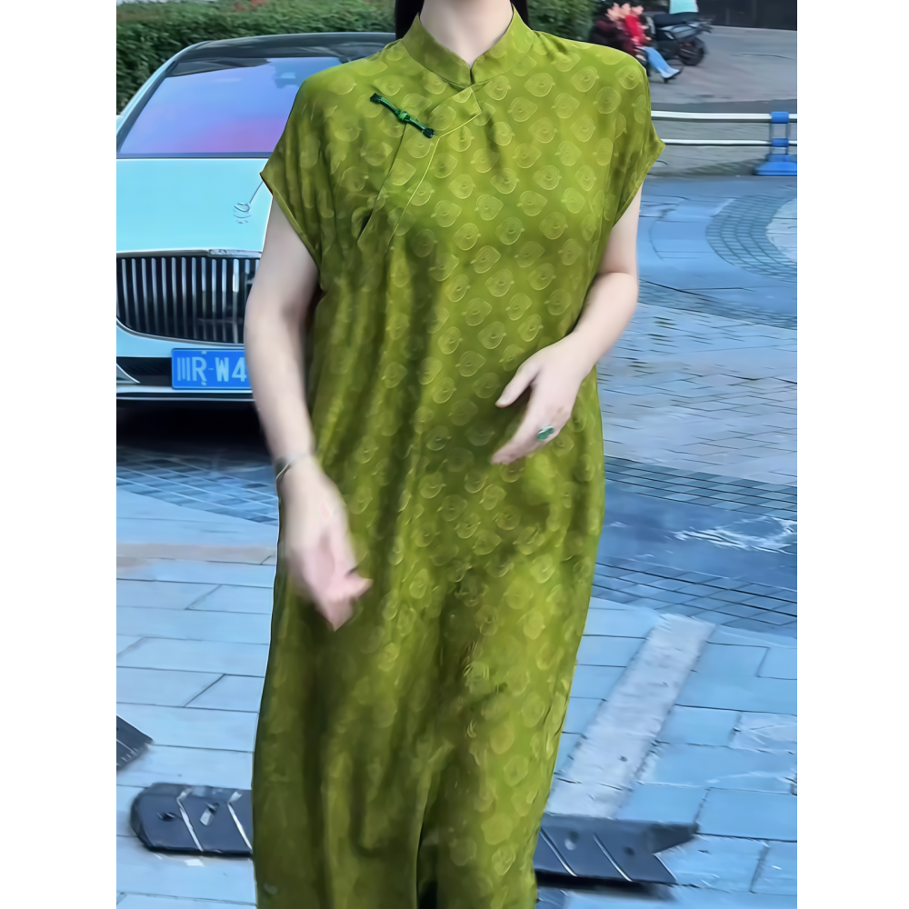 2026新中式短袖绿色显瘦中长款服饰宽松显瘦立领汉服连衣裙子女