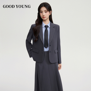 GOOD 灰色西装 西服上衣直筒裤 高级感通勤简约面试气质 YOUNG女短款