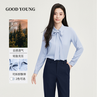 女通勤时尚 YOUNG白色衬衣高级感雪纺气质蝴蝶结系带百搭衬衫 GOOD