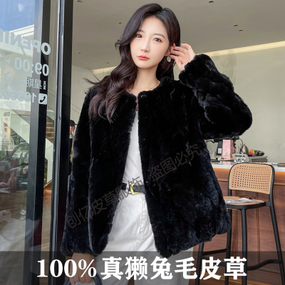新款真獭兔毛短款圆领皮草外套