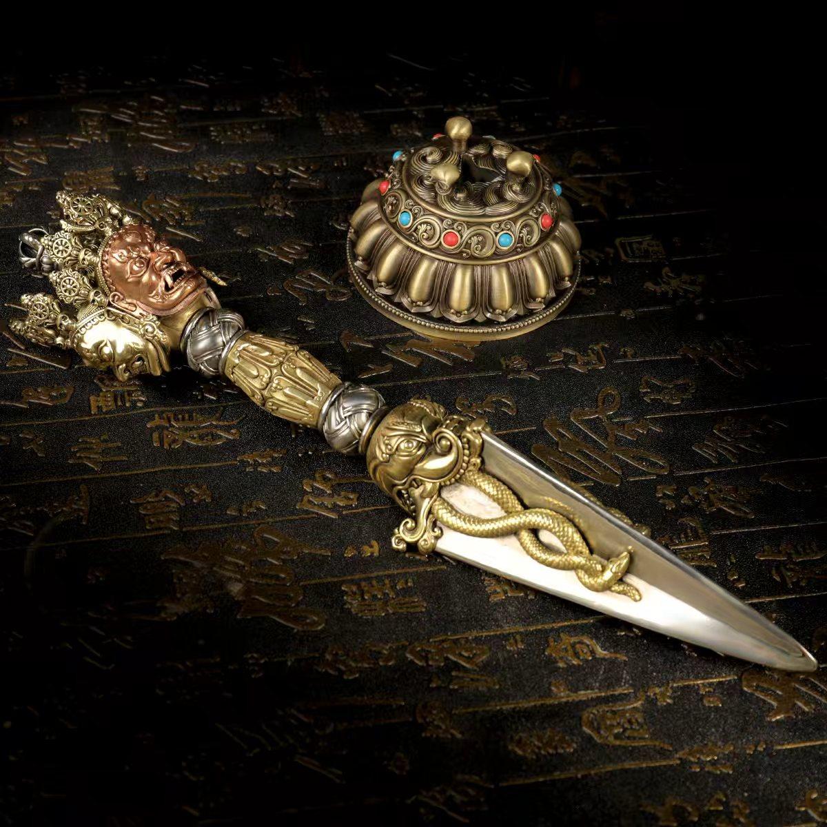 33公分特大白铜普巴杵三面金刚橛黄铜民族风复古家居摆件佛堂装饰