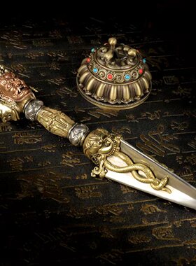 33公分特大白铜普巴杵三面金刚橛黄铜民族风复古家居摆件佛堂装饰