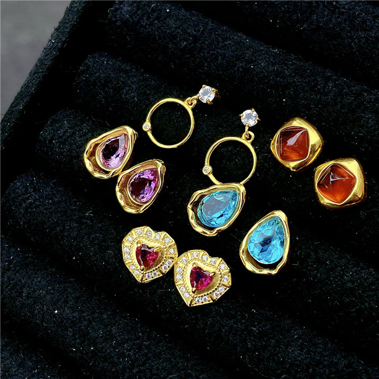 ninisn 925银镀金法式复古韩系海蓝宝芬达石糖塔托帕石紫水晶耳钉