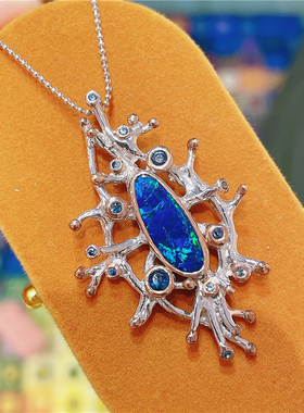 ninisn意大利设计款925银澳大利亚欧泊吊坠锁骨链 深海蓝色可传承