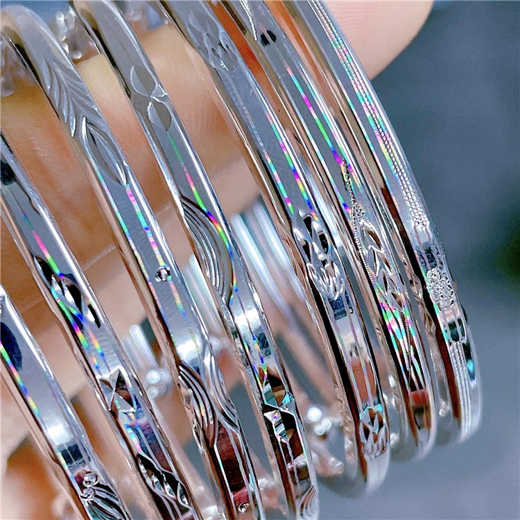 ninisn 999足银七彩拉丝三面手工雕花刻花可抽拉手镯炫彩个性小众