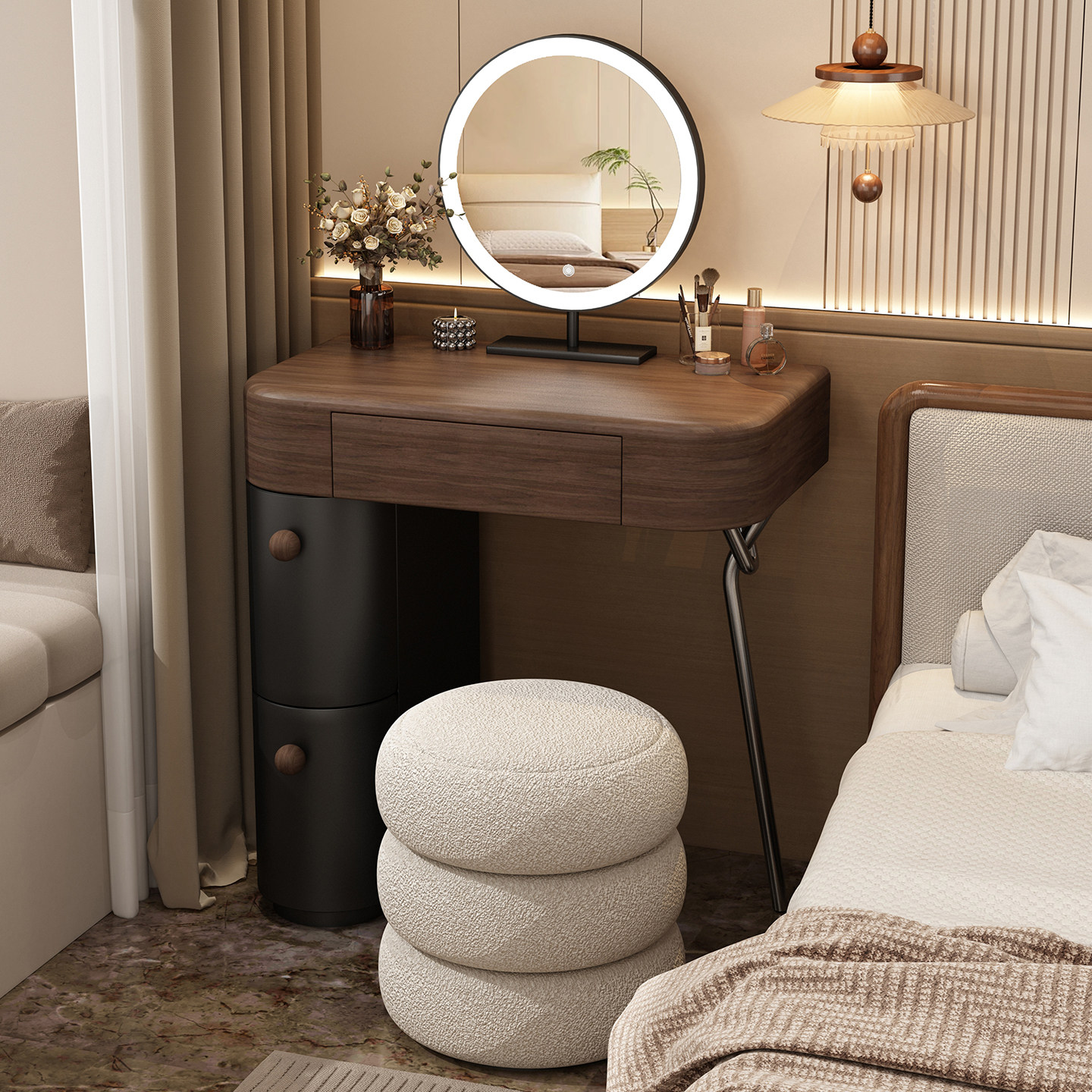 中古风转角实木梳妆台收纳柜一体奶油简约斗柜卧室复古小型化妆桌