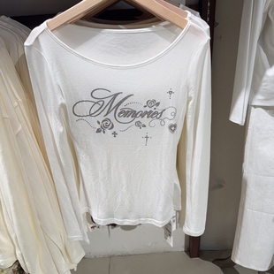 纯棉斜肩露肩长袖 春夏季 T恤女宽松显瘦洋气上衣 MOMENT正品 ONE