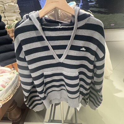 ONE MOMENT正品条纹连帽针织衫宽松百搭慵懒风软糯长袖打底衫