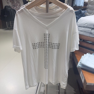 纯棉V领短袖 春夏季 T恤十字架女宽松显瘦洋气上衣 MOMENT正品 ONE