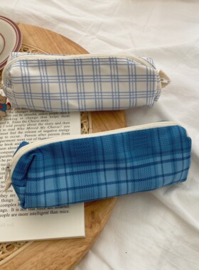 韩国ins可爱温柔日常碎片情侣闺蜜款的海盐蓝色格子笔袋收纳包袋