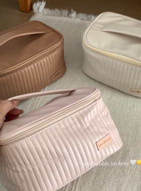 化妆包分享|大容量皮质柔软高颜值实用少女纯色卡其米白色化妆包