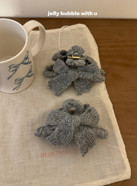 毛线针织灰色蝴蝶结抓夹女秋冬毛绒发夹后脑勺大号鲨鱼夹子头饰