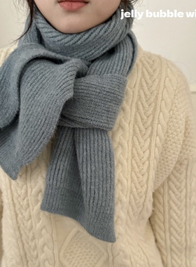 少见的大象蓝~韩国简约纯色针织围巾冬天保暖长款围脖学生情侣款