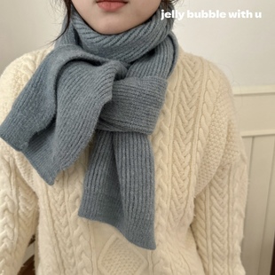 围脖学生情侣款 韩国简约纯色针织围巾冬天保暖长款 大象蓝 少见