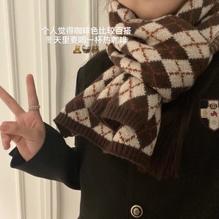 加厚版 校园风三色棱格围巾复古针织情侣围脖学生男女可用冬保暖