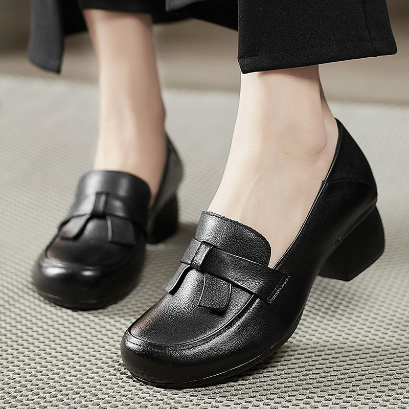 真皮中跟女鞋妈妈鞋中年工作女单鞋中老年半高跟跳舞软皮鞋圆头41