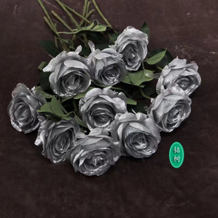 亮银色玫瑰单头支只朵束客厅装饰假绢仿真花过年摆放大朵动漫婚纱