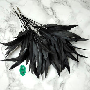 暗黑仿真柳树叶排草树枝雨林盆栽热带道具干塑料绢假植物黑色假草