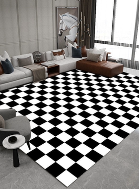 客厅地毯卧室沙发欧美黑白棋盘格床边毯绿色格子ins田园满铺地垫
