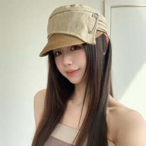 草编拼色褶皱渔夫帽女夏户外大头围鸭舌帽日系显脸小防晒遮阳帽子