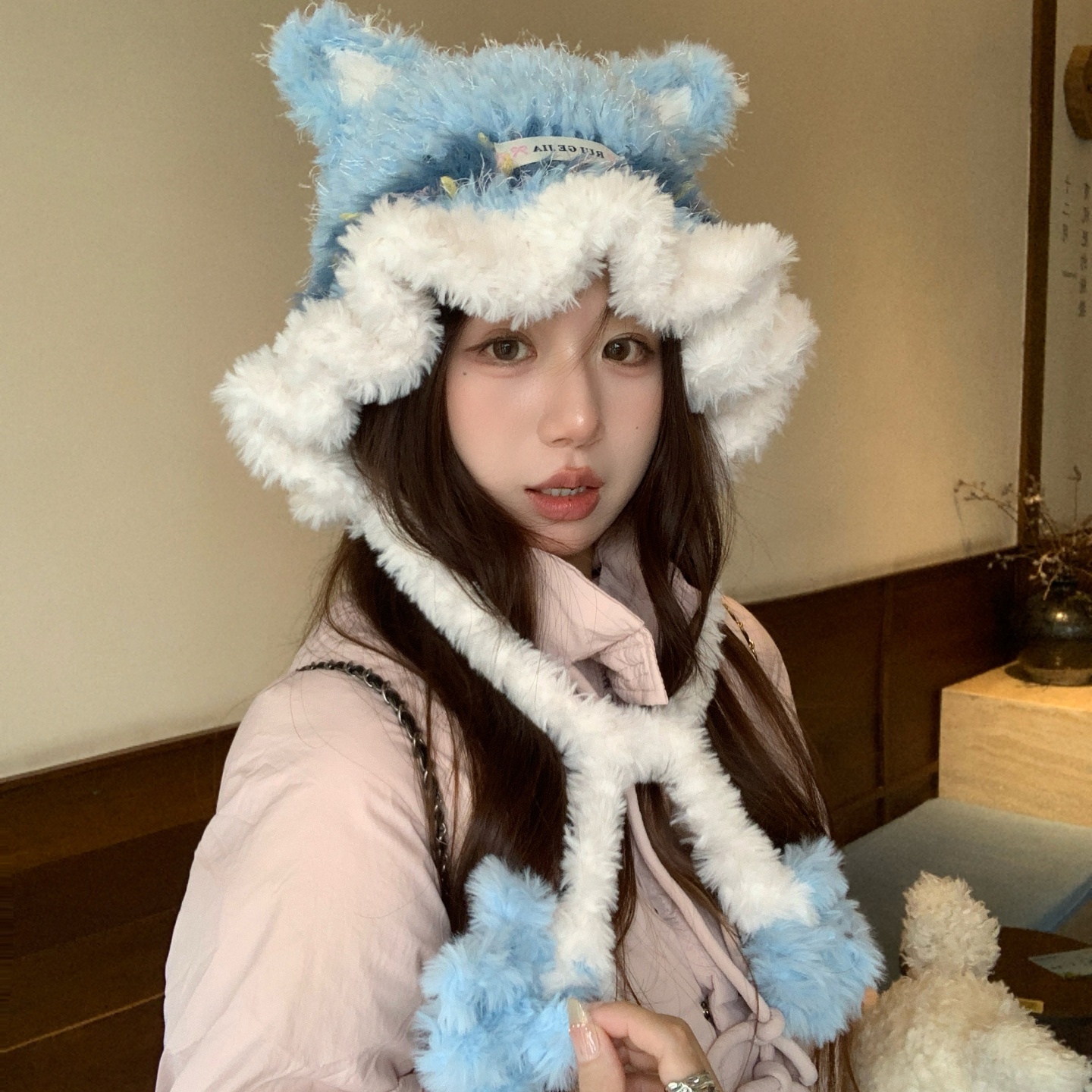 可爱猫耳朵毛绒针织帽毛绒绒帽子