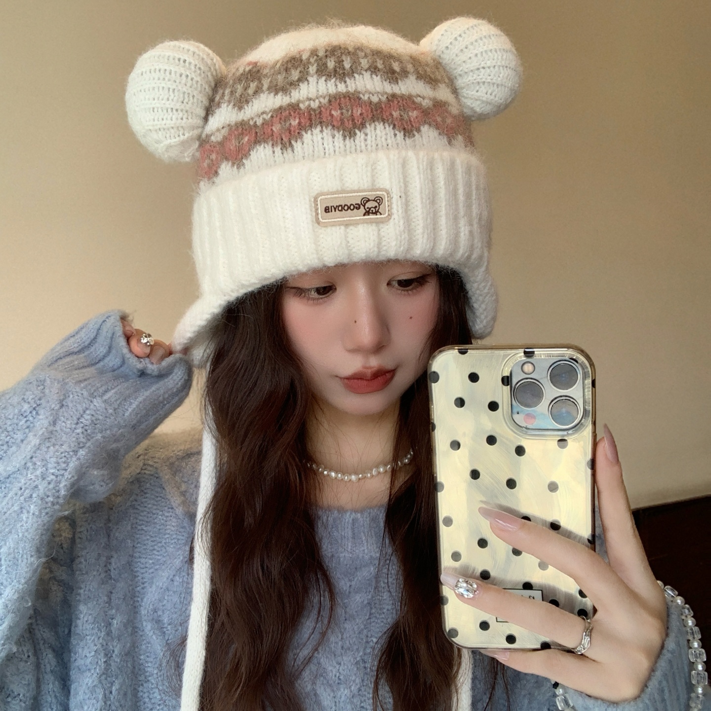 可爱卡通小熊耳朵毛线帽子女冬季加绒保暖针织帽显脸小护耳雷锋帽