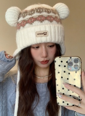 可爱卡通小熊耳朵毛线帽子女冬季加绒保暖针织帽显脸小护耳雷锋帽