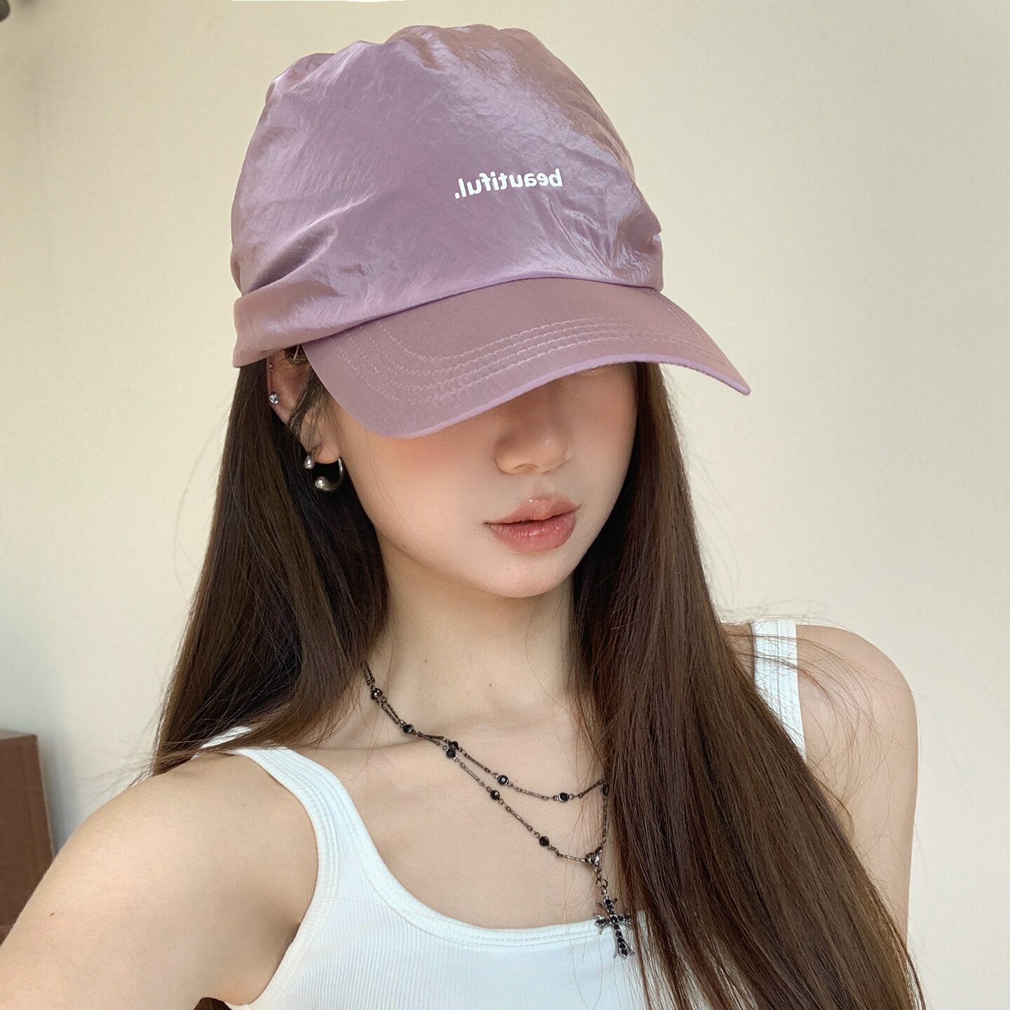 小众紫色字母头巾帽子女夏季轻薄透气鸭舌帽时髦显脸小遮阳棒球帽