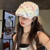 日系文艺复古彩虹磨破前进帽子女时尚 百搭星星鸭舌帽显脸小贝雷帽
