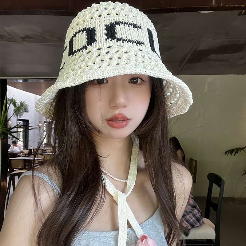 2024新款韩国ins风复古草帽女夏季潮牌字母针织镂空渔夫帽水桶帽