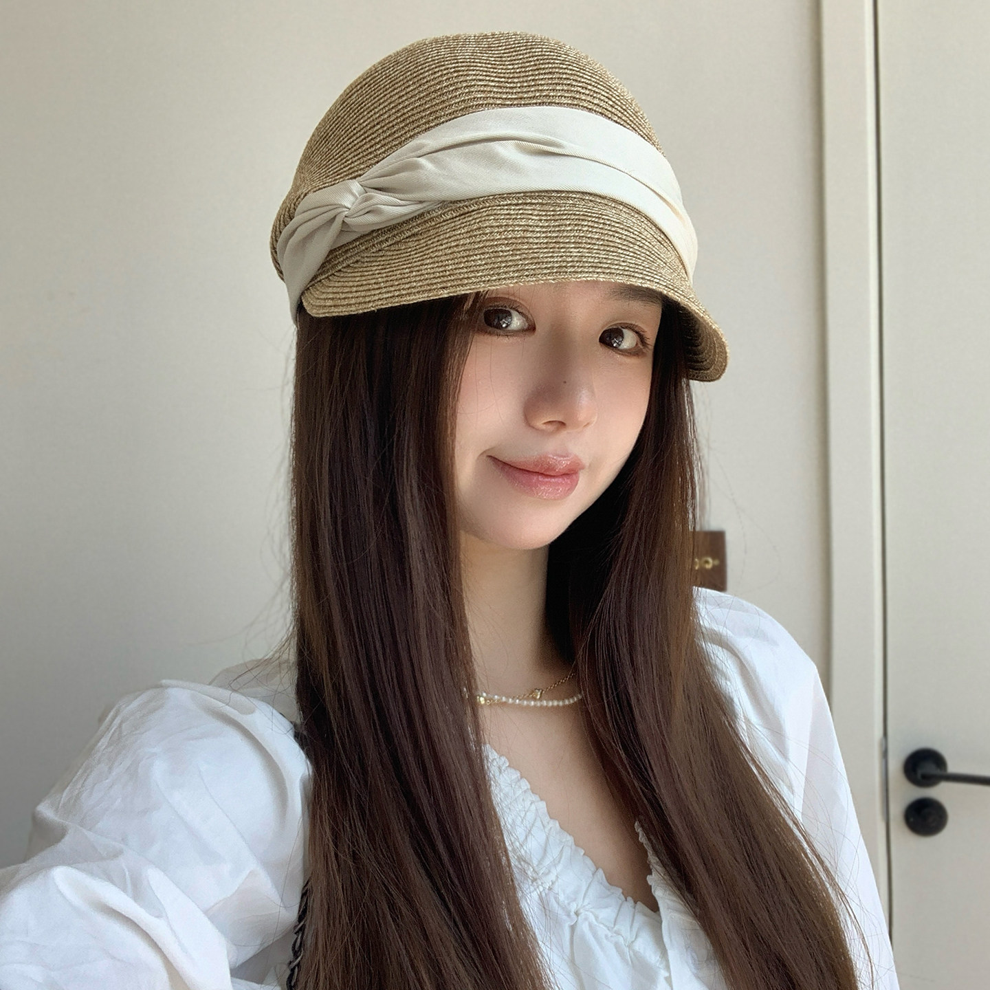 小沿草帽女夏季显瘦百搭时尚贝雷帽蝴蝶结韩版褶皱透气休闲凉帽女