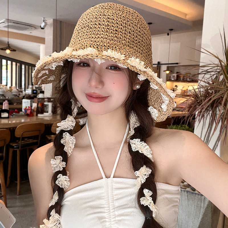 2025年夏季款甜美编织绑绳草帽子女海边度假可折叠时尚百搭渔夫帽
