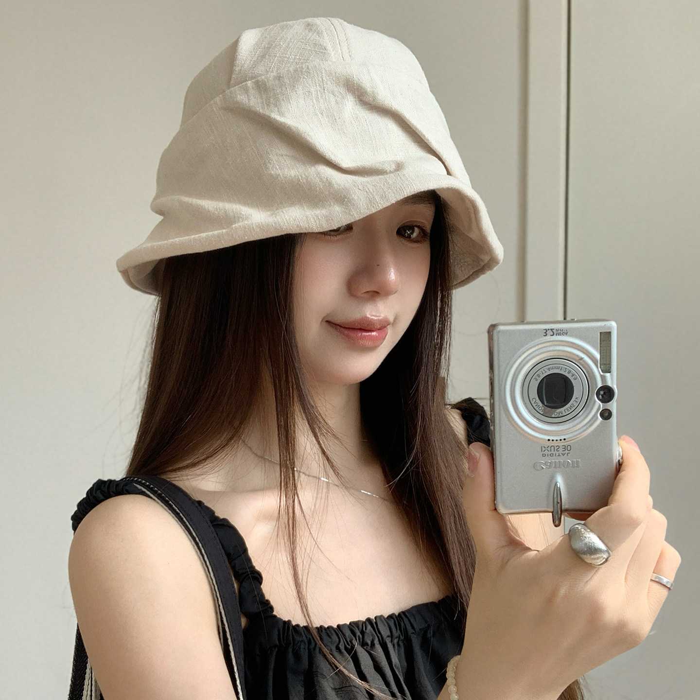 日系褶皱亚麻渔夫帽女夏季显脸小盆帽素颜百搭遮阳防晒帽水桶帽子