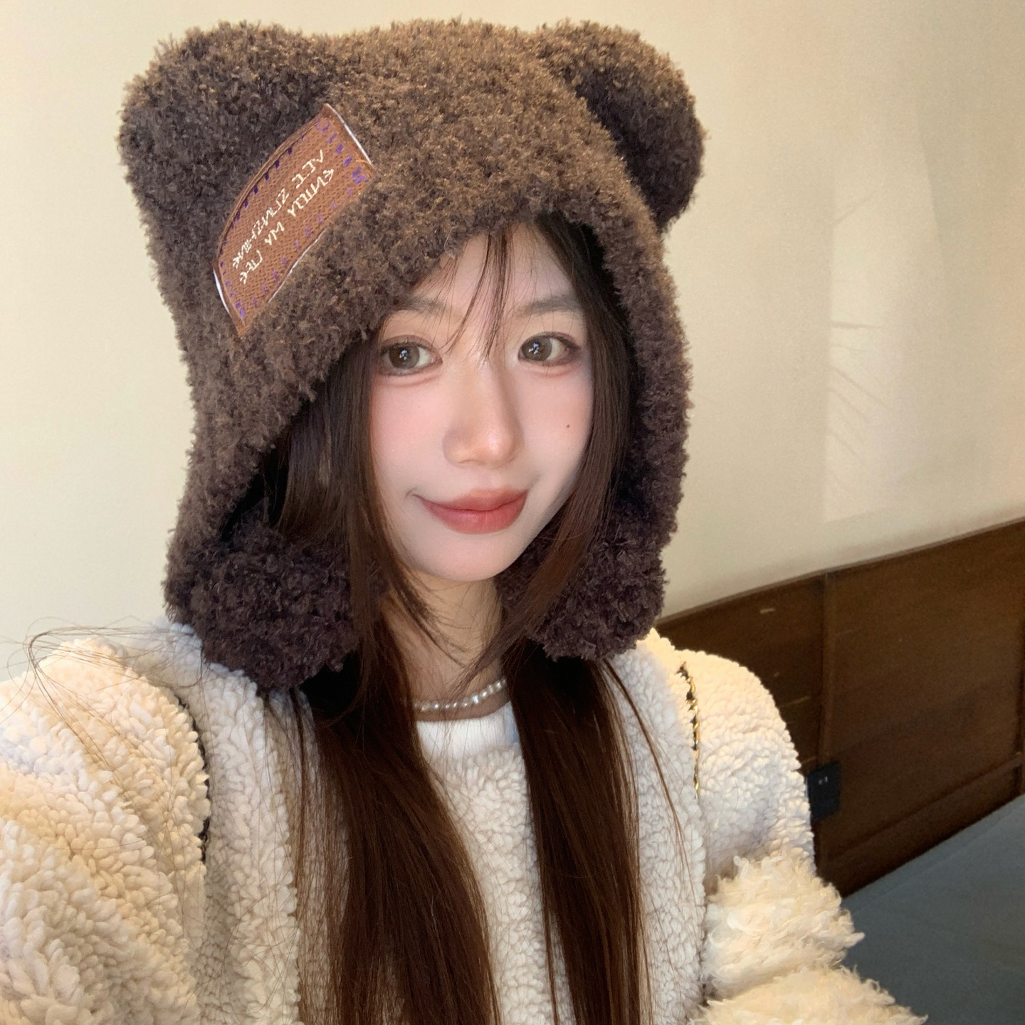 可爱小熊耳朵球球泰迪绒巴拉克拉法帽子女秋冬保暖百搭护耳毛线帽