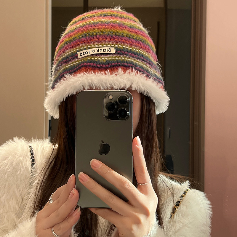 盆帽保暖韩版女秋冬手工条纹拼色