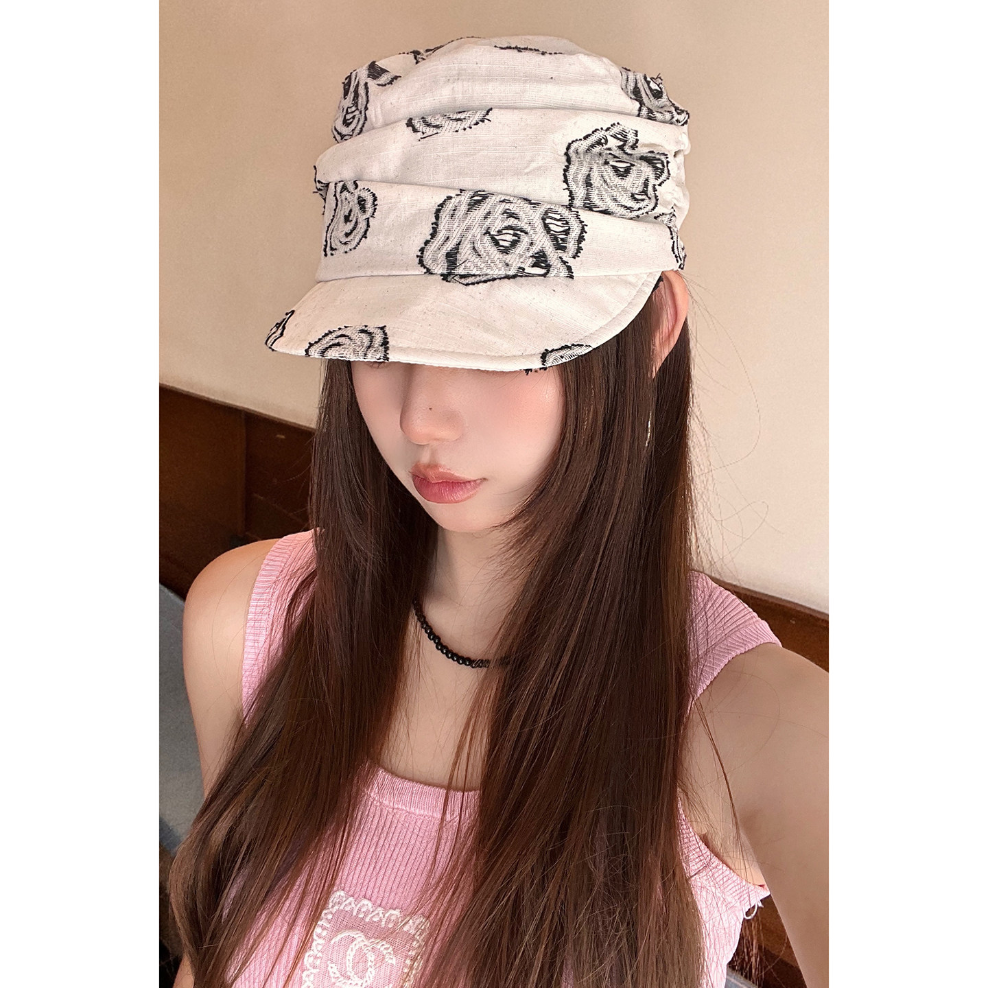 新款玫红花刺绣亚麻八角帽时尚韩版名媛风休闲贝雷帽女时髦平顶帽