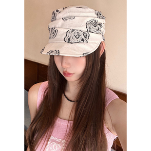 新款玫红花刺绣亚麻八角帽时尚韩版名媛风休闲贝雷帽女时髦平顶帽