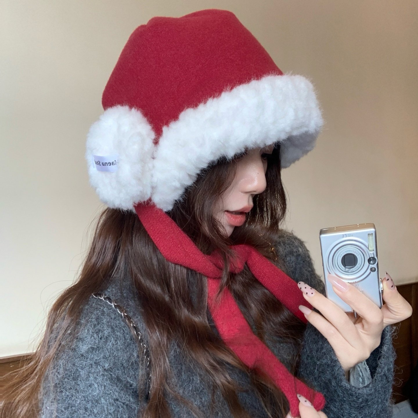 圣诞红毛绒耳罩加绒雷锋帽女冬季百搭护耳保暖针织系带骑车毛线帽