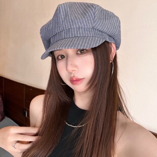 韩系简约条纹八角帽女春夏出游2025新款大头围薄款透气鸭舌贝雷帽