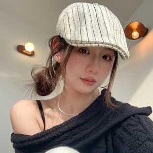 复古条纹前进帽子女报童帽春季透气显脸小简约休闲贝雷帽鸭舌帽男