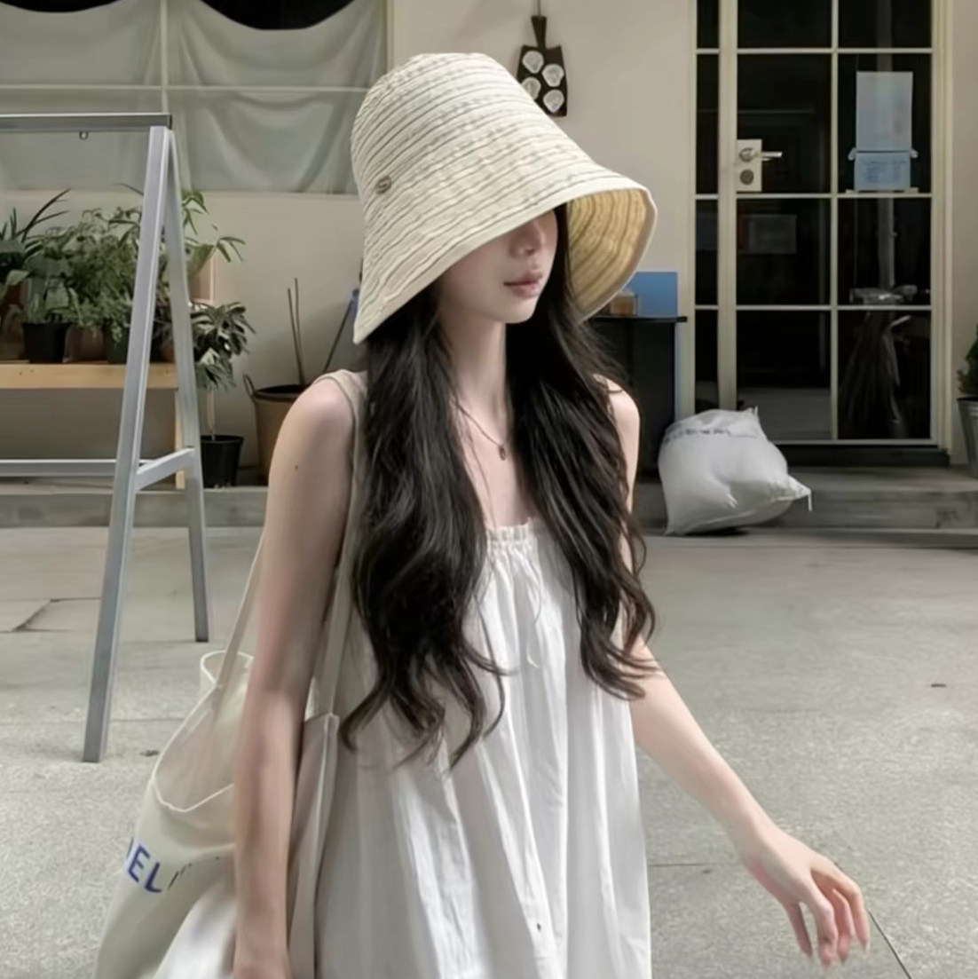 2026新款条纹蛋卷渔夫帽子女春夏百搭全脸遮阳防晒帽大头围灯罩帽