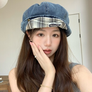 一帽多戴韩系复古牛仔贝雷帽子女春季防晒翻檐八角帽显脸小画家帽