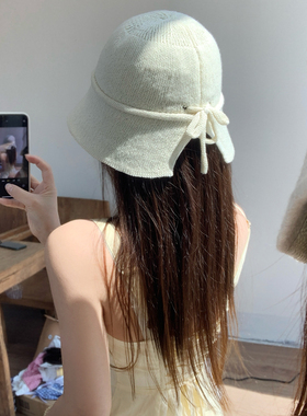 日系蝴蝶结绑带针织渔夫帽女春夏薄款透气显脸小水桶帽遮阳防晒帽