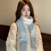 韩版 ins可爱毛绒绒蝴蝶结针织细围巾女冬季 百搭保暖软糯护颈围脖