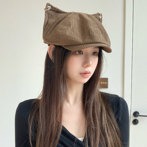 日系猫耳灯芯绒报童帽显脸小
